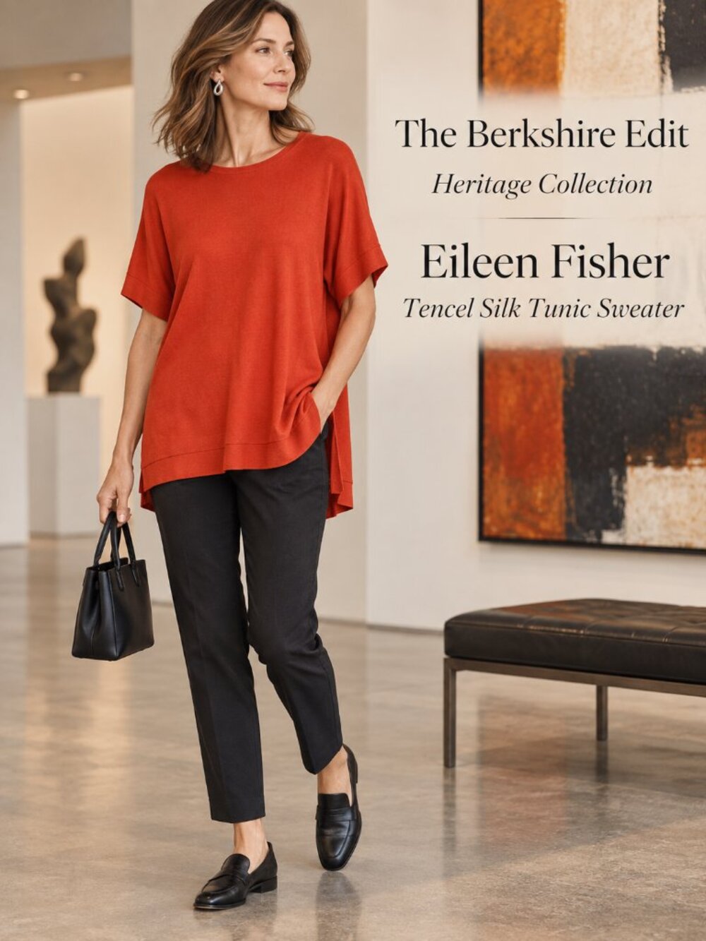 Eileen Fisher Tencel Silk Tunic Sweater Top L Orange Short Sleeve High Low